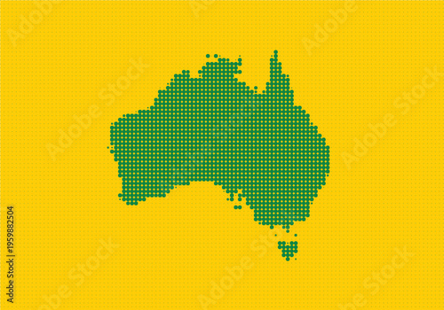 Pixelated map of australia in green on a yellow background, representing geographic location and national identity in a digital art style
