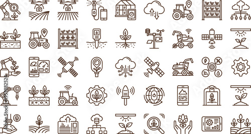 Precision agriculture technology line icon set with drones tractors sensors greenhouse monitoring irrigation systems and smart farming