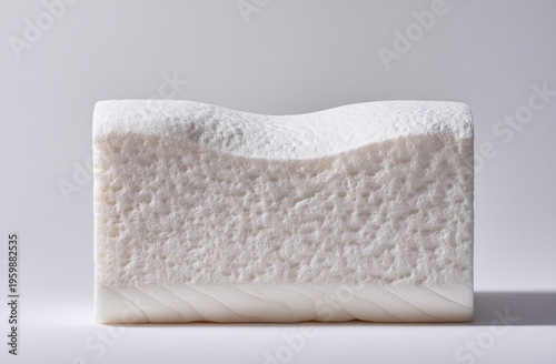 A close-up studio shot showcases a cut-open, white sleep pillow. The cross-section reveals a textured, porous filling with a contoured top