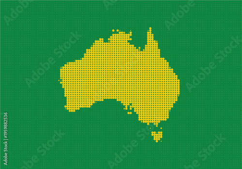 Pixelated map of australia with yellow dots on a green background, representing the countrys shape in a digital art style