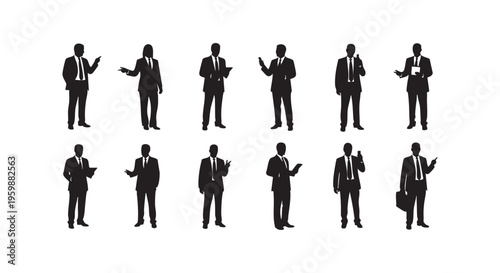 Collection of businessmen in various poses and gestures isolated on transparent background