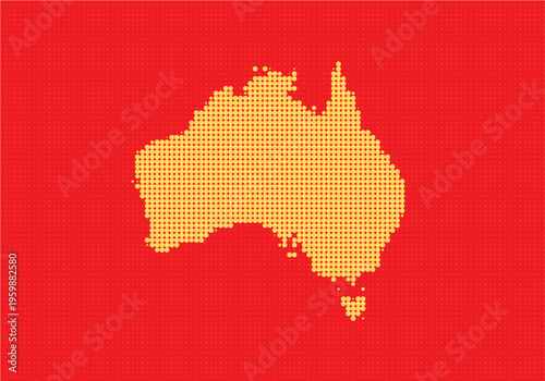 Pixelated map of australia made up of yellow dots on a vibrant red background