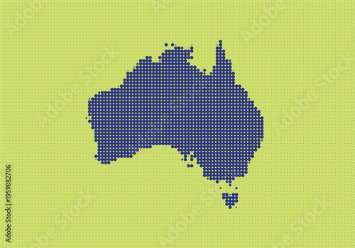 Abstract pixelated map of australia with vibrant blue dots on a bright green background