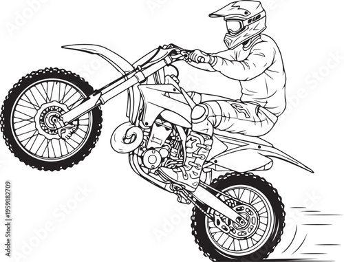 Detailed line drawing of motocross rider performing wheelie stunt on dirt bike motorcycle with gear and helmet on transparent background