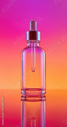 A close-up studio shot showcases a transparent glass bottle with a dropper against a vibrant, gradient backdrop. The bottle reflects the colorful light