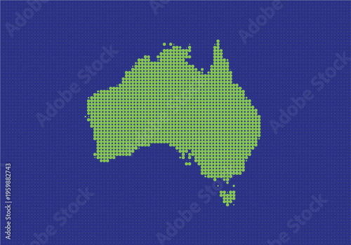 Digital pixel art representation of the map of australia with green dots on a blue background