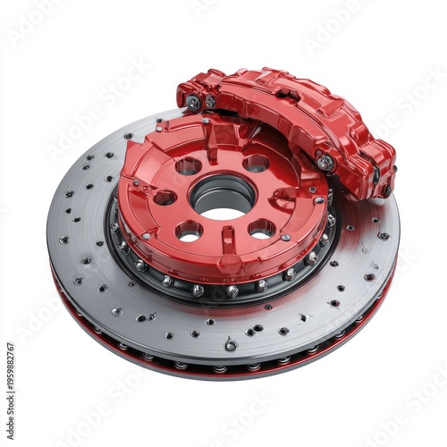 A close-up studio shot showcasing a bright red car braking system, including a drilled rotor and a caliper