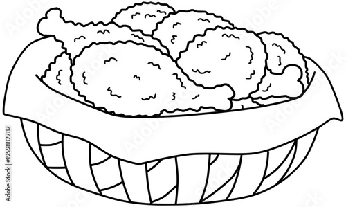 Fried Chicken Basket Vector Outline Line Art Drawing