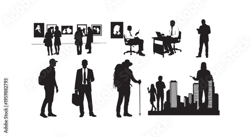 A collection of silhouettes depicting business professionals in various settings isolated on transparent background