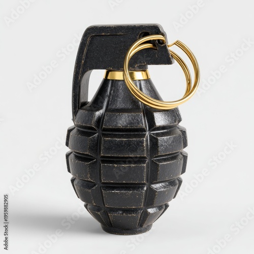 A close-up, studio shot shows a black, vintage-style explosive device with gold-colored pin and pull ring, set against a white background