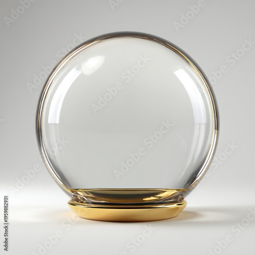 A close-up studio shot shows a clear glass sphere on a golden base, reflecting the light on its surface
