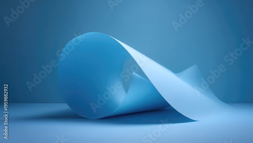 A close-up studio shot shows a curled, light-blue sheet of paper against a matching backdrop, with soft lighting and a minimalist vibe