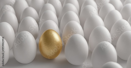 A close-up studio shot shows a golden egg amidst a cluster of white eggs, emphasizing contrast and uniqueness