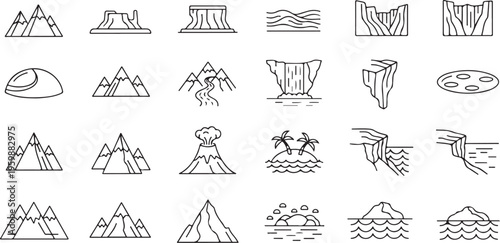Geological formations and natural landmarks vector line icons. outline elements of mountains, rivers, and islands for web and print.