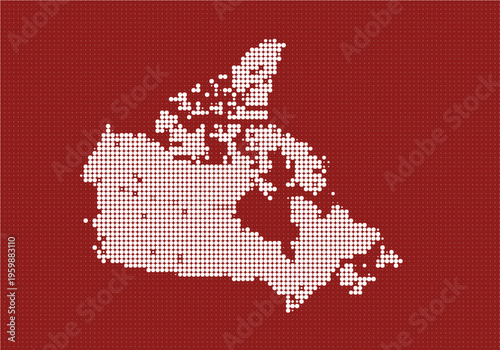 Abstract pixelated map of canada with white dots on a red background, representing digital art or modern geographic visualization