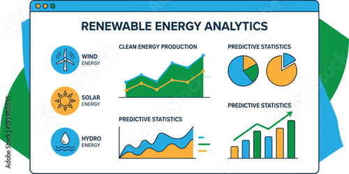 Renewable energy analytics dashboard vector illustration showing wind solar hydro power production statistics clean energy monitoring interface