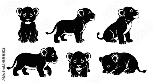 Set of Six Adorable Lion Cub Silhouettes in Various Poses, Black and White