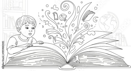 Young boy captivated by an open book with magical elements emerging.