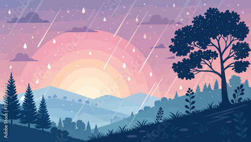 A serene landscape illustration of a rainy day at sunset with trees and mountains