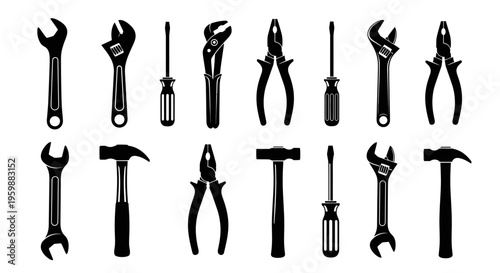 Collection of 16 black and white silhouette icons of various hand tools