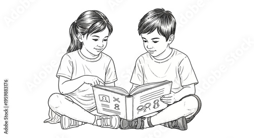 Two young children sitting together and reading a book.