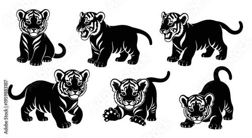 Set of Six Adorable Tiger Cubs Silhouettes in Various Playful Poses
