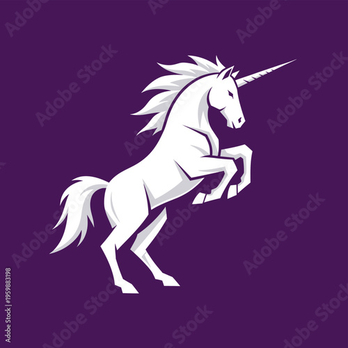 Majestic white unicorn rearing up on hind legs mythical creature.