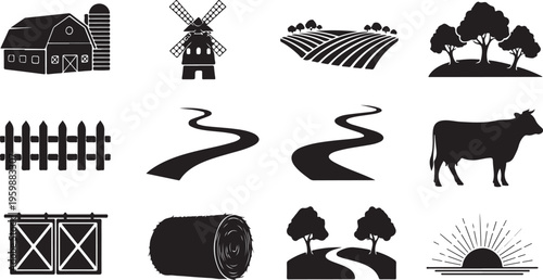 Rural farm landscape icons set with barn, windmill, fields, trees, fence, road, cow, and hay bale
