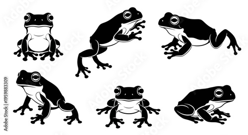 Set of Six Black and White Frog Silhouettes in Various Poses