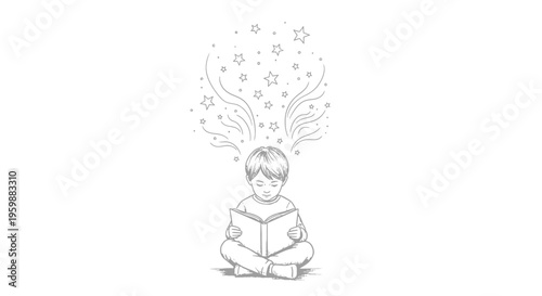 Young boy engrossed in reading a book, with musical notes and symbols emanating from his head.