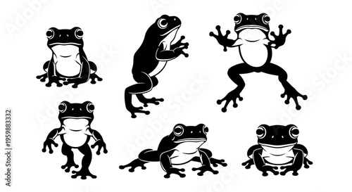Set of Six Black and White Frog Silhouettes in Various Poses