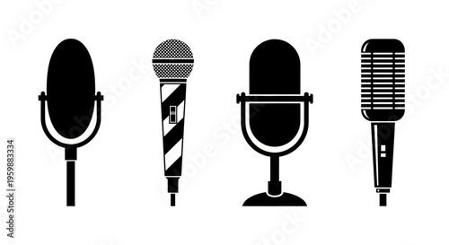 Four different types of microphones in black and white