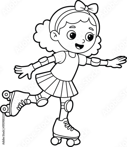 Cute little girl wearing protective pads and a bow roller skating happily coloring page, fun outdoor active lifestyle for kids