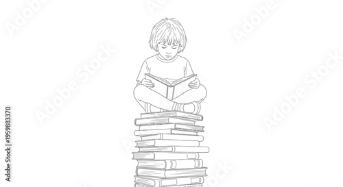 Young child engrossed in reading a book atop a tall stack of books.