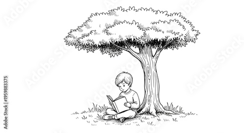 Young boy reading a book under a large tree.