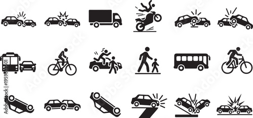 Car accident icons showing collisions, crashes, and road traffic incidents