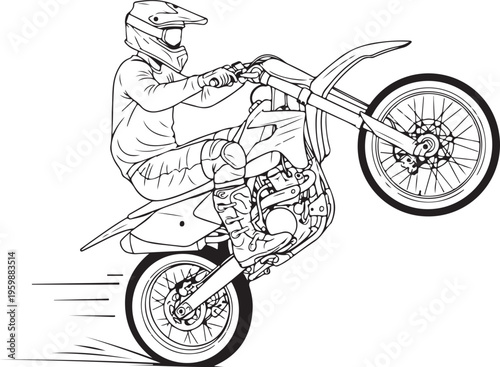 Motocross rider performing extreme wheelie stunt on dirt bike outline vector illustration isolated on transparent background for sports