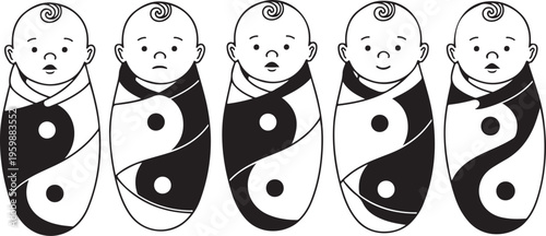 Newborn babies swaddled in yin yang pattern blankets showing different facial expressions of infants in black and white vector design