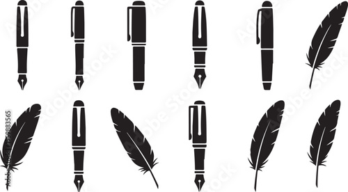 Collection of fountain pen and feather quill icons in black silhouette style for writing and stationary design projects with variety