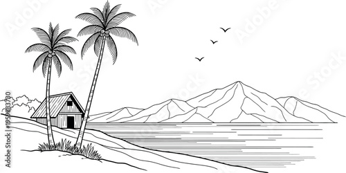 Tranquil tropical hut nestled beside calm waters and mountain ranges under a clear sky