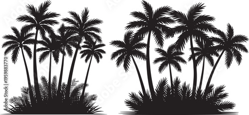 Tropical Palm Trees set, Silhouette Vector Set Featuring Tropical Island Plants and Coconut Trees for Summer Beach Travel Vacation Nature Design