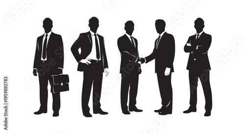 Businessmen in suits shaking hands and standing in line silhouettes isolated on transparent background