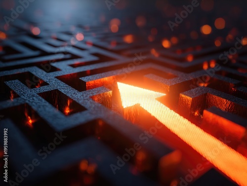 A close-up view depicts a maze with a glowing arrow pointing toward an exit, and scattered bokeh lights around it
