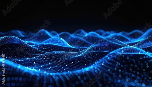 A close-up view depicts abstract, wavy, and sparkling blue light formations against a dark, featureless backdrop