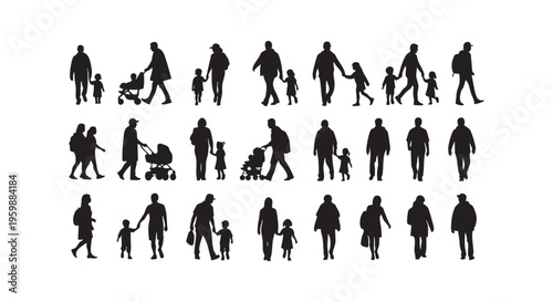 A collection of silhouettes of people walking and interacting with each other isolated on transparent background