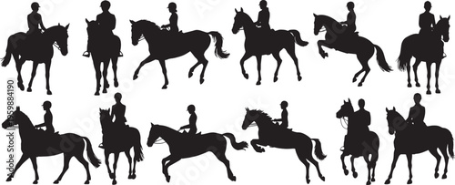 Horse Rider Silhouette Collection English Riding Woman on Horseback, Rider and Horse Performing Walking Trotting and Jumping Isolated on White Background Vector Illustration