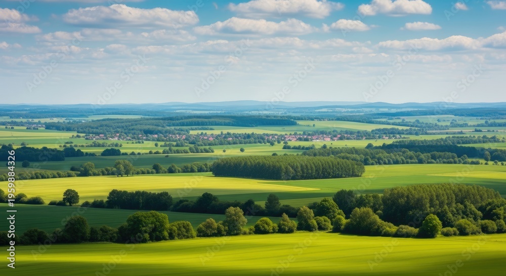 Fototapeta premium Rolling hills and fields under a blue sky