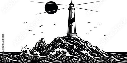 Lighthouse standing tall on a rocky island during a moonlit night