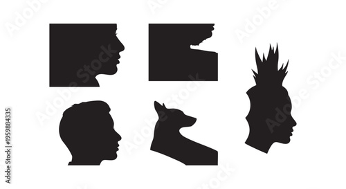 Silhouette profiles of various characters and animal isolated on transparent background