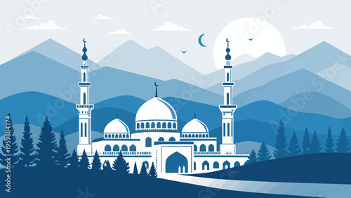 A serene mosque illustration set against a mountainous landscape with a crescent moon